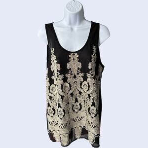 Fiore baroque embroidered tank top black sheer scallop hem L